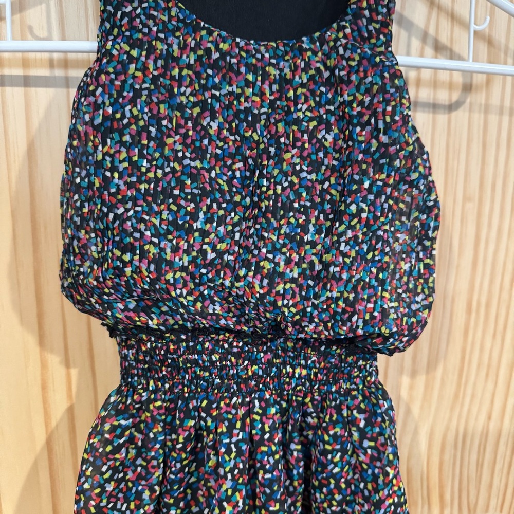 Disney Signed Girls XS Black Multicolor Confetti Pleated Smocked Peplum Top